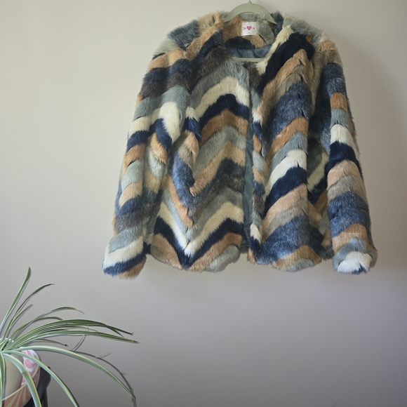 Buddy Love Jackets & Blazers - Buddy Love Chevron Faux Fur Jacket in Blue and Tan